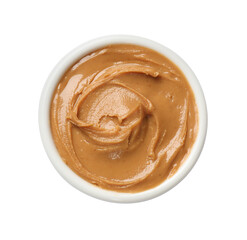 Tasty peanut butter in bowl isolated on white, top view