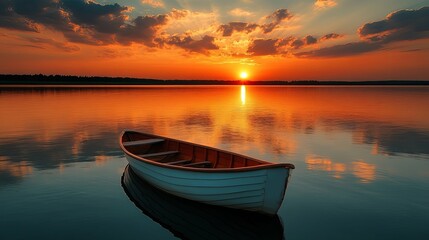 A Single Rowboat on a Tranquil Lake at Sunset