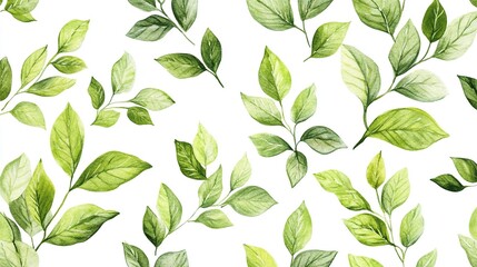 A pattern of various green leaves on a white background.