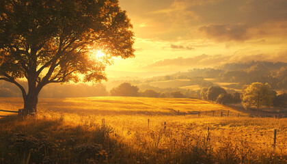 Naklejka premium A sun-kissed landscape with warm golden hues over a quiet countryside, radiating tranquility and peace