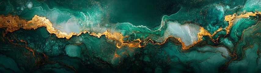 Emerald and Gold Marble Aesthetic, captivating abstract texture featuring rich green and gold hues, intertwined with turquoise and delicate white veining, showcasing nature's artistry.