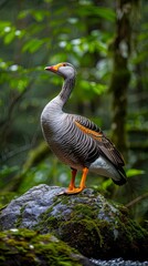 Fototapeta premium Goose standing on mossy rock in forest