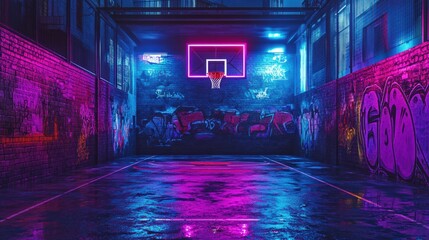 Basketball court with vibrant neon lights and graffiti art, urban night scene.