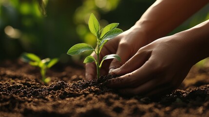 A close-up of hands planting a seedling in fertile soil, representing new beginnings