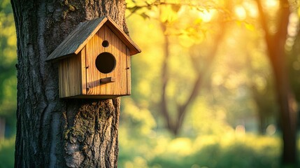 Wooden Birdhouse Attached to a Tree Trunk in a Forest