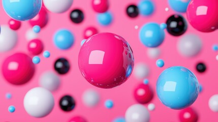 Colorful abstract spheres floating against a vibrant pink background.