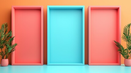 Colorful frames on a vibrant background with potted plants.