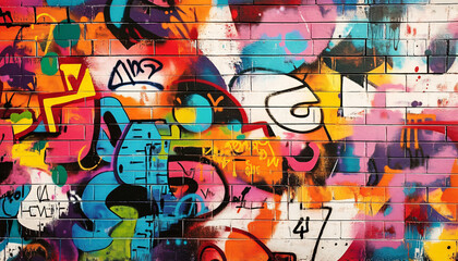 Naklejka premium A wall filled with bold, colorful graffiti tags and street art, giving an edgy, urban feel full of energy