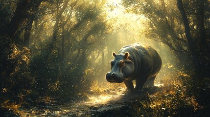 A dwarf hippo strolling along a path in a dense forest, with sunlight filtering through the canopy