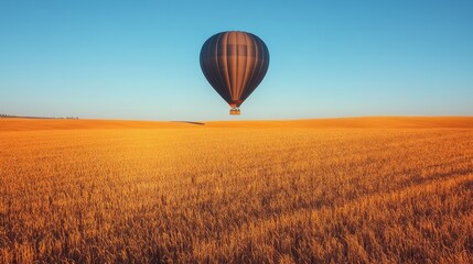 Obraz premium Colorful hot air balloon over vast golden wheat field under clear blue sky.