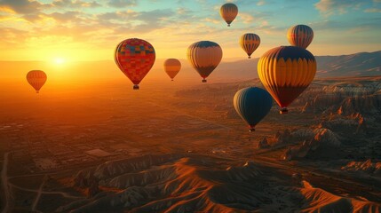 Naklejka premium Colorful hot air balloons soaring above a scenic valley at sunset.