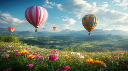 Obraz premium Colorful hot air balloons over scenic flower-filled landscape and mountains.