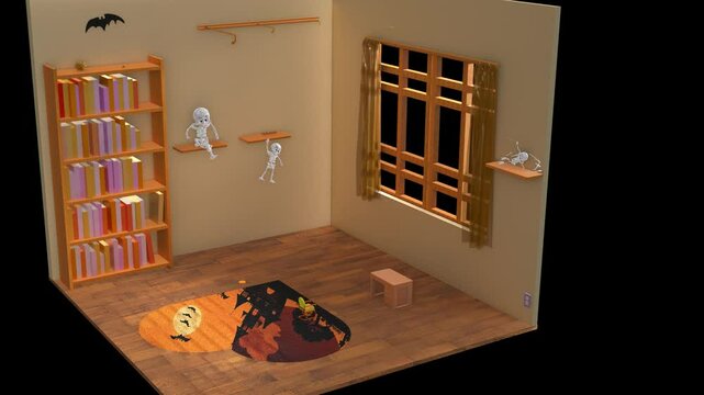 Happy Halloween Day isometric room animation with spooky and fun Halloween objects with materials created by 3D modeling.