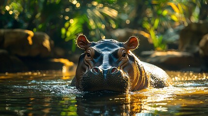 Fototapeta premium A dwarf hippo wading through a shallow river, surrounded by lush greenery