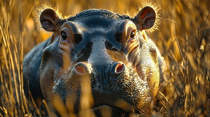 A close-up of a dwarf hippos face, its skin glistening in the sunlight, with tall grass in the background