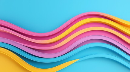 Fototapeta premium Colorful waves of paper in pink, blue, and yellow on a vibrant blue background.