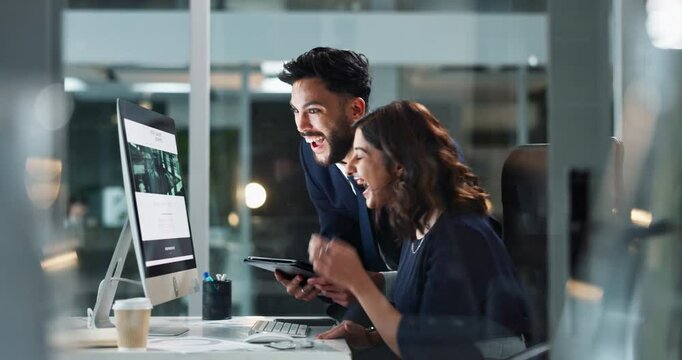 Business people, high five and technology at night in office with happiness for bonus, incentive and finance returns. Financial traders, online and success for profit or investment and team victory.