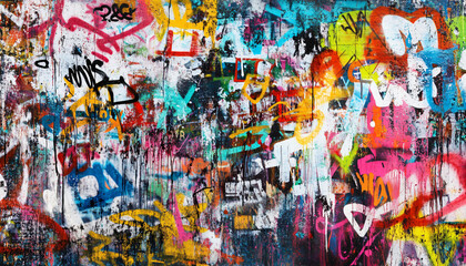 Fototapeta premium A wall filled with bold, colorful graffiti tags and street art, giving an edgy, urban feel full of energy