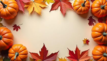 Orange Pumpkins and Colorful Autumn Leaves on a Beige Background