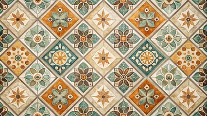 Repeating Geometric Pattern of Colorful Tiles Featuring Floral Motifs and Starburst Designs