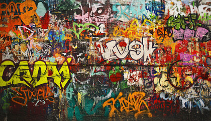 Obraz premium A wall filled with bold, colorful graffiti tags and street art, giving an edgy, urban feel full of energy