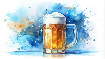 Watercolor beer mug with foam, vibrant blue splash background with copy space