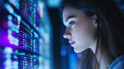 Focused Female in IT Working with Data Commands