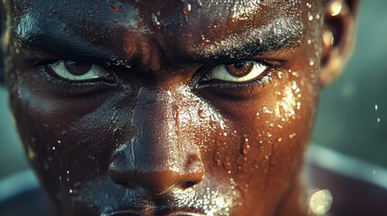 Determined athlete with water droplets on face, intense expression, dynamic performance.