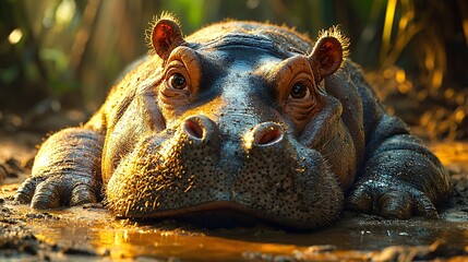 A lone dwarf hippo resting in the mud, basking under the sun with a peaceful jungle behind it