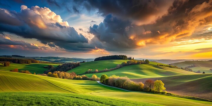 A vibrant panorama of rolling hills, bathed in the golden glow of a dramatic sunset, with fluffy clouds casting long shadows across the landscape.