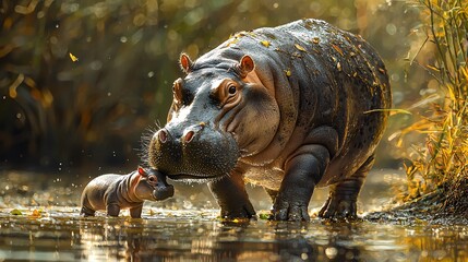 A mother dwarf hippo guiding her baby along a riverbank, with the baby trying to keep up