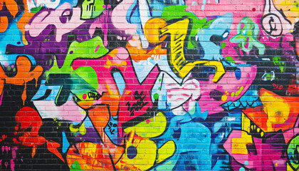 Fototapeta premium A wall filled with bold, colorful graffiti tags and street art, giving an edgy, urban feel full of energy