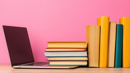 Fototapeta premium Laptop and Stack of Books on Desk Education Learning Technology Study