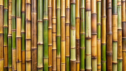 Fototapeta premium A vertical array of green and yellow bamboo stalks, showcasing the natural texture and color variations of the plant