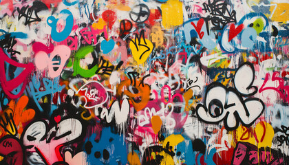 Obraz premium A wall filled with bold, colorful graffiti tags and street art, giving an edgy, urban feel full of energy
