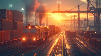 Fototapeta premium Freight train moving through a busy cargo yard at sunset, vibrant colors and industrial scenery.