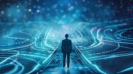 confused businessman thinking make decision on multiple route ahead, futuristic technology. make decision for career path or business growth concept - Powered by Adobe