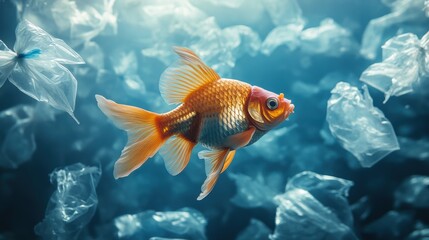 Naklejka premium Goldfish swimming through plastic waste in an aquatic environment.