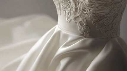 Elegant wedding dress detail showcasing fabric and design.