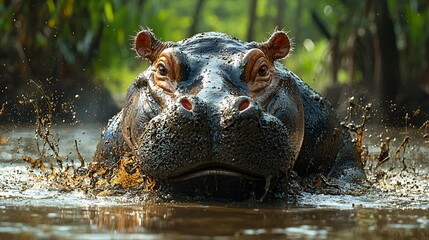 Fototapeta premium A dwarf hippo covered in mud, emerging from a swampy pond in the middle of a jungle