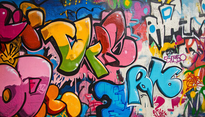 Obraz premium A wall filled with bold, colorful graffiti tags and street art, giving an edgy, urban feel full of energy