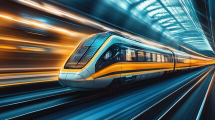High-speed train in motion, blurred background, modern rail system.