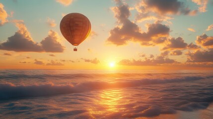 Hot air balloon floating over ocean during vibrant sunset with colorful clouds