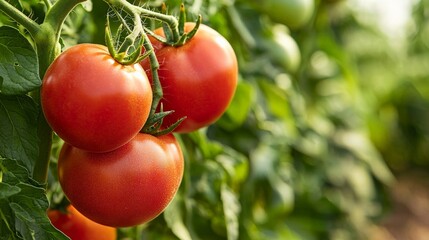 A close-up of ripe tomatoes hanging on the vine, ready to be picked