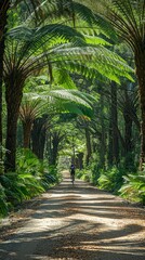 Cyclist Rides Through Lush Fern-Lined Forest Path