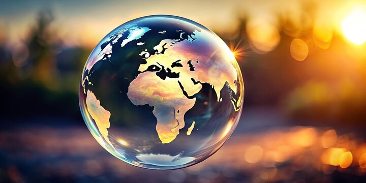 A fragile glass globe with a world map reflects the golden hues of a sunset, symbolizing the delicate beauty and interconnectedness of our planet.