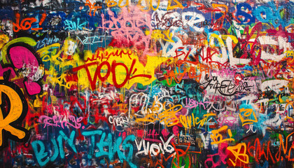 Obraz premium A wall filled with bold, colorful graffiti tags and street art, giving an edgy, urban feel full of energy