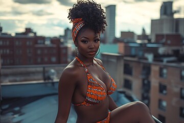 Beautiful African American Woman In A Bikini On A Rooftop.
