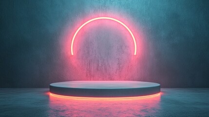 Modern stage with neon light against textured wall and reflective floor.