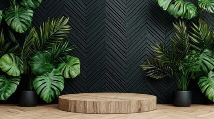 Modern stage with wooden platform and lush green plants against a textured black wall.